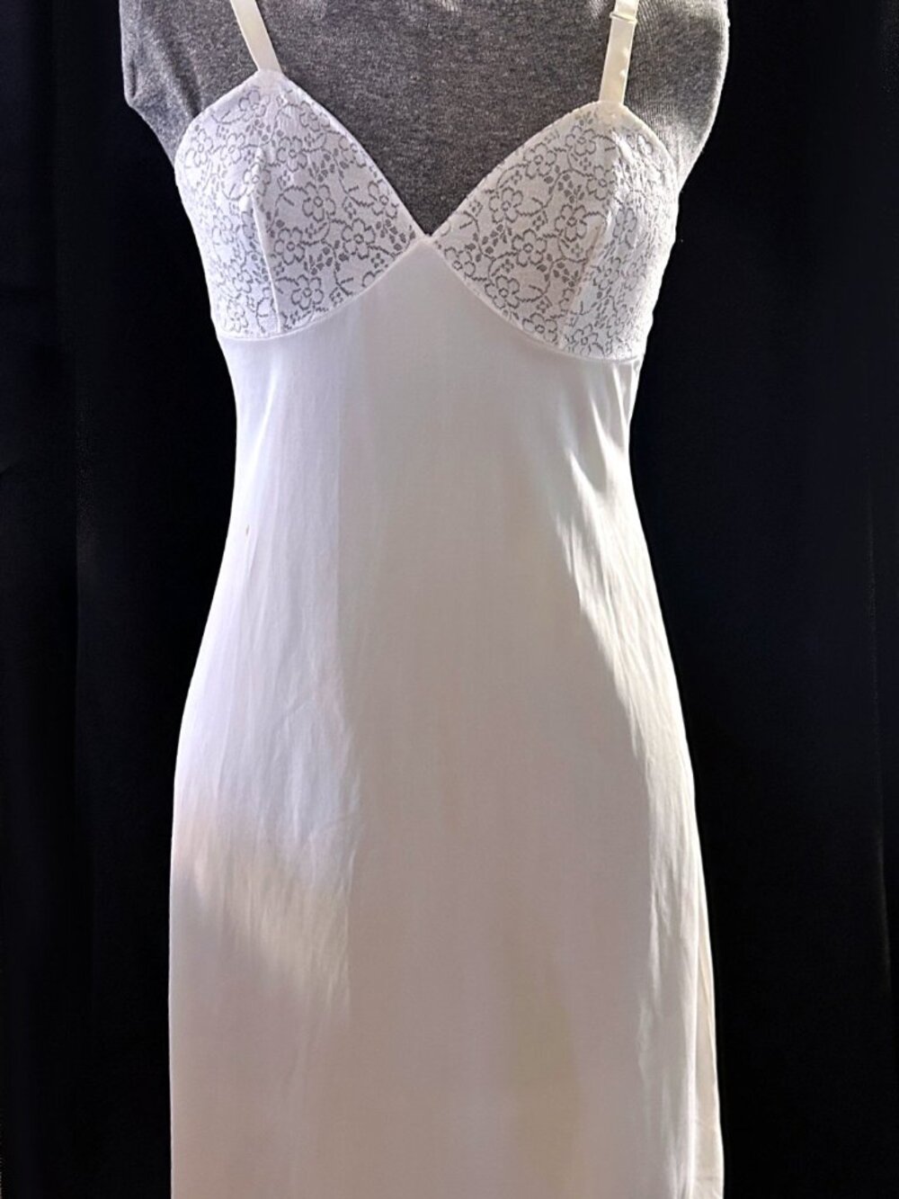 Vintage 80's White Nylon Full Slip Size SM Lace Bodice Adjustable Length - Picture 1 of 6